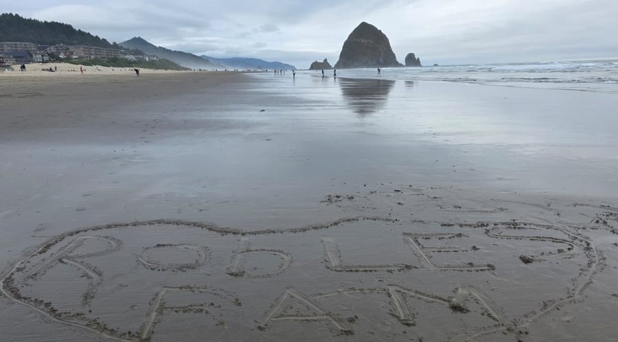 Haystack Rock at low tide, Cannon Beach